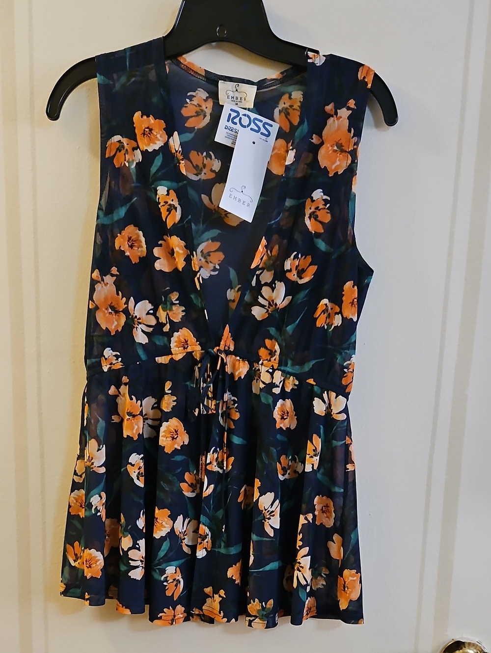 Ember Navy Floral Sleeveless Sheer Peplum Vest with Orange Flowers, NWT